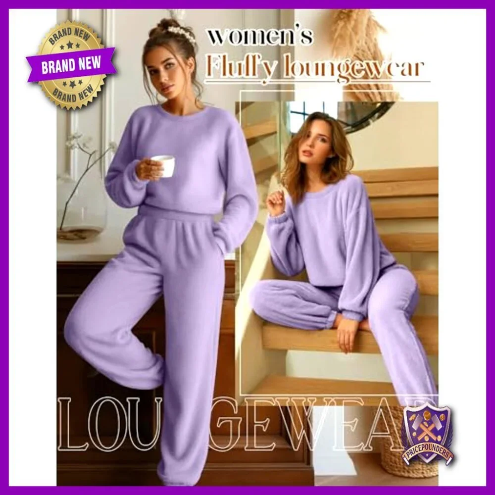 Women's Fuzzy Pajama Set Long Sleeve Crop Top Fleece Pullover Fluffy Pants